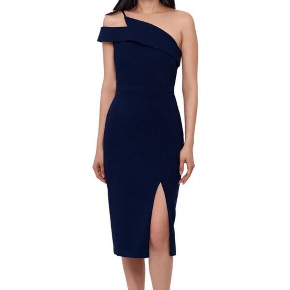 Xscape Navy Blue Midi Scuba Asymmetrical Sheath Dress - Picture 1 of 2